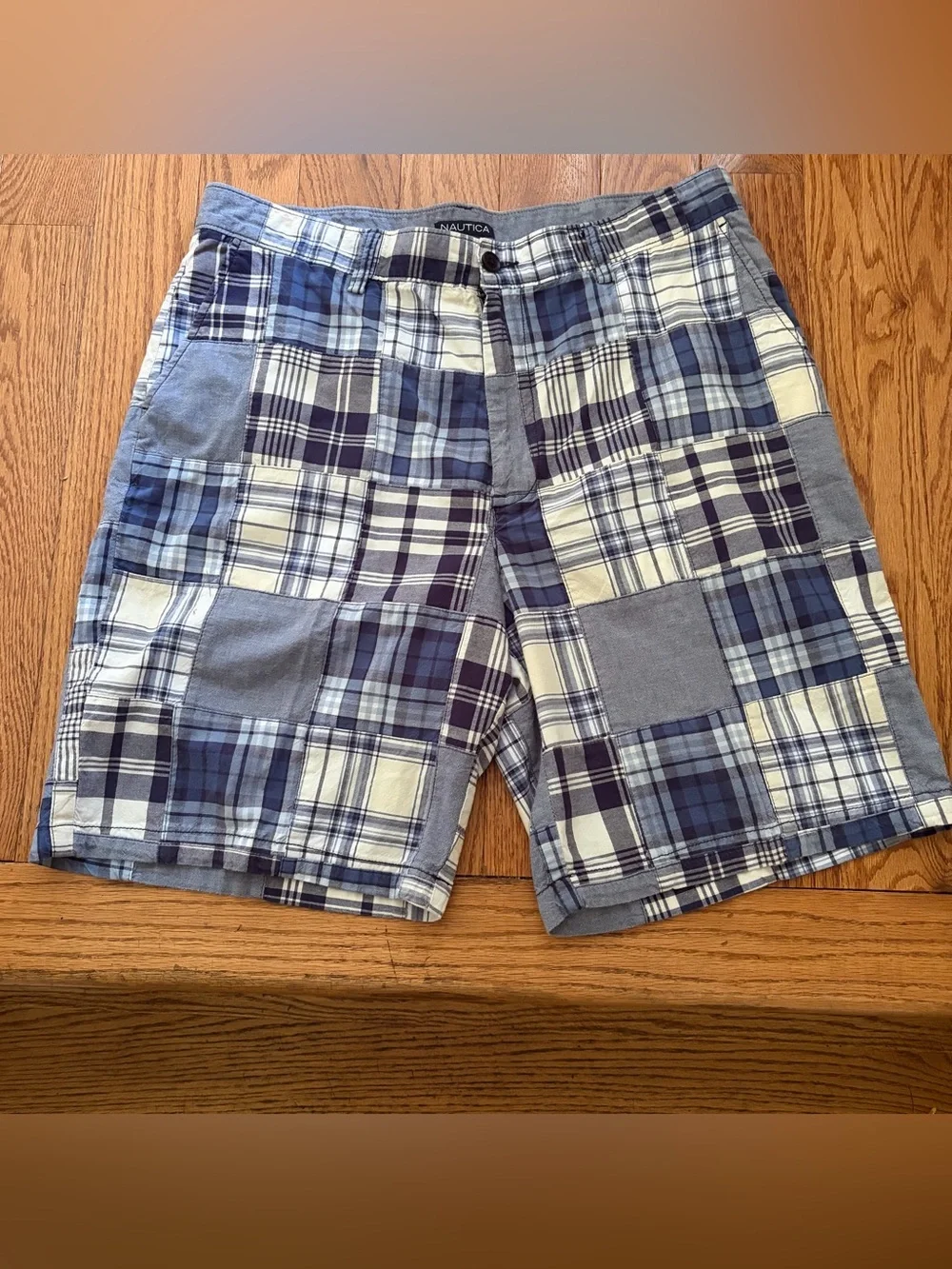 Vintage 90s Nautica Madras Patchwork Chino Shorts Mens 34 Nautical Y2K Prep 9”